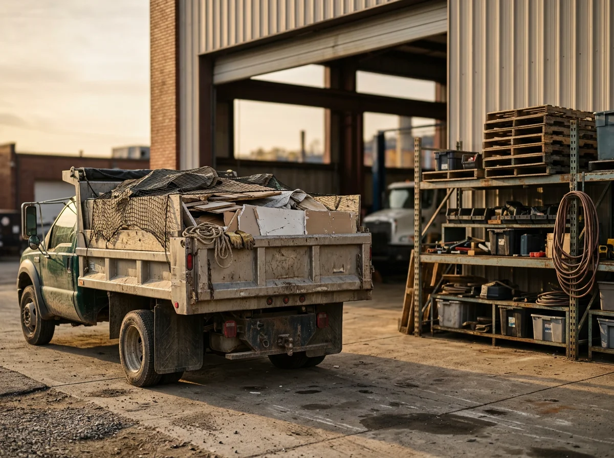 Dump truck and junk removal equipment ready for service. Professional crew and fleet prepared for residential and commercial cleanup work.