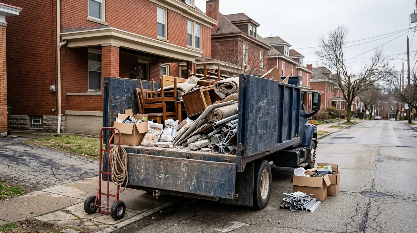 Junk removal truck loading debris from a Pittsburgh property
