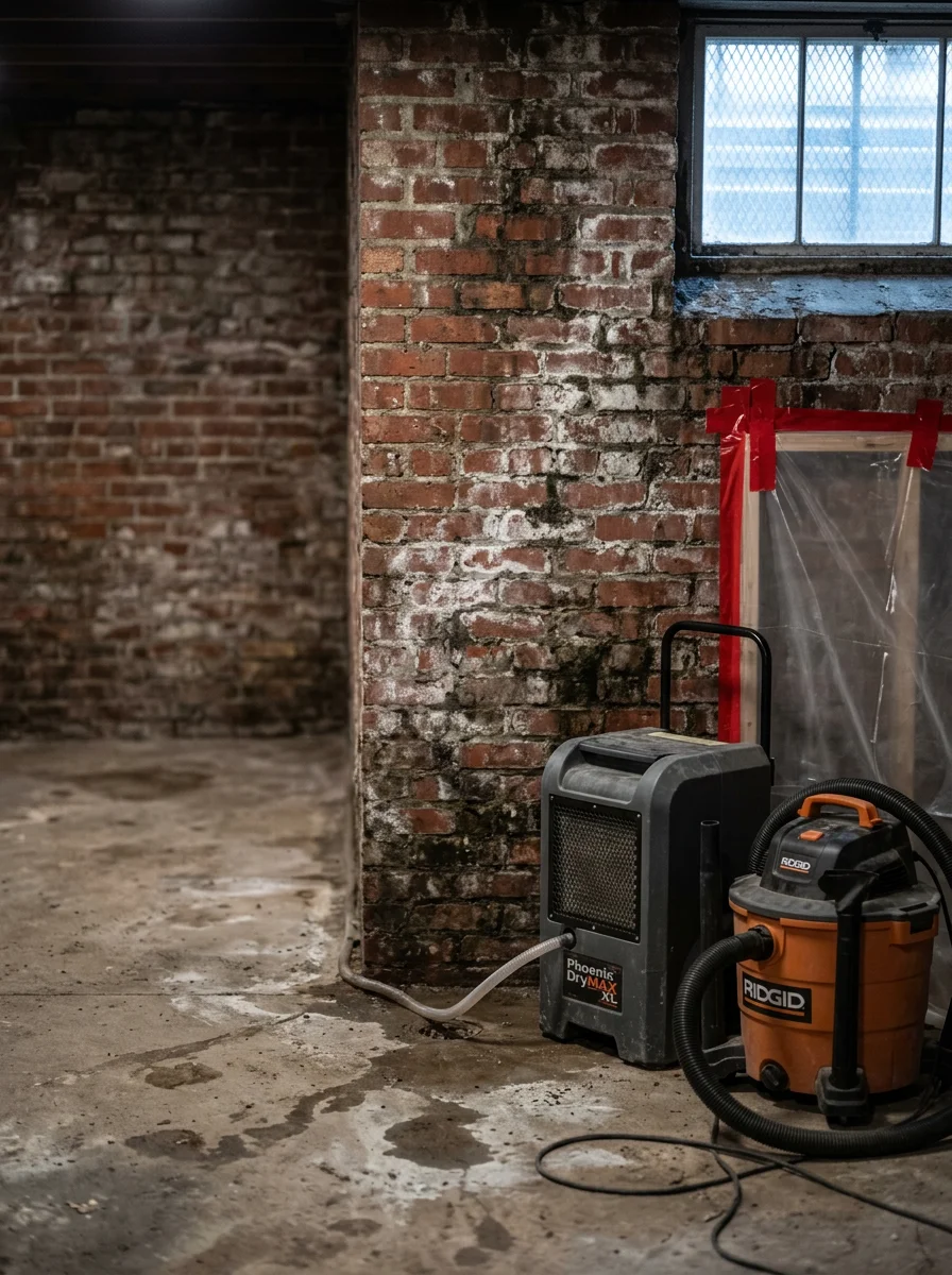 Mold abatement work in a Hill District Pittsburgh basement showing moisture intrusion along an aging brick foundation wall.