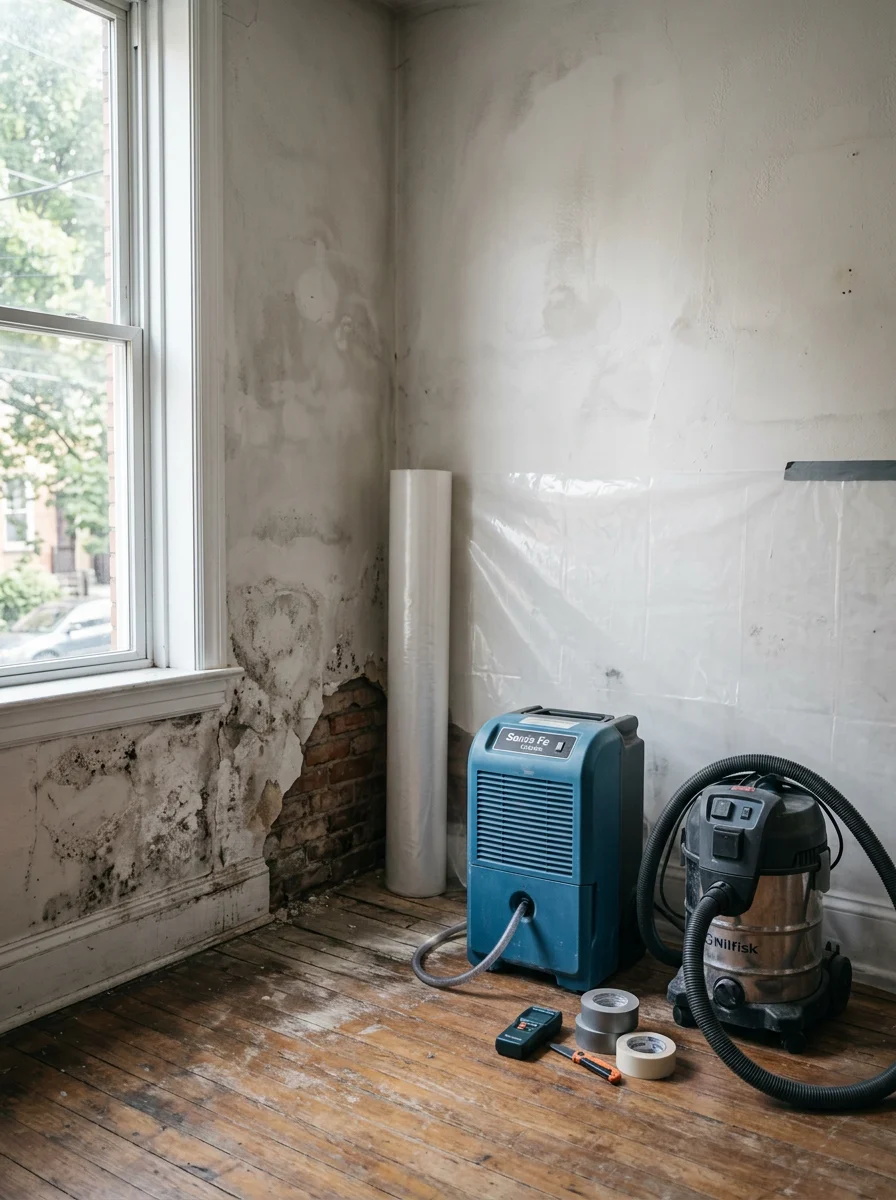 Interior view of mold abatement work in a plaster-walled North Side Pittsburgh home showing moisture damage along the base of the wall.