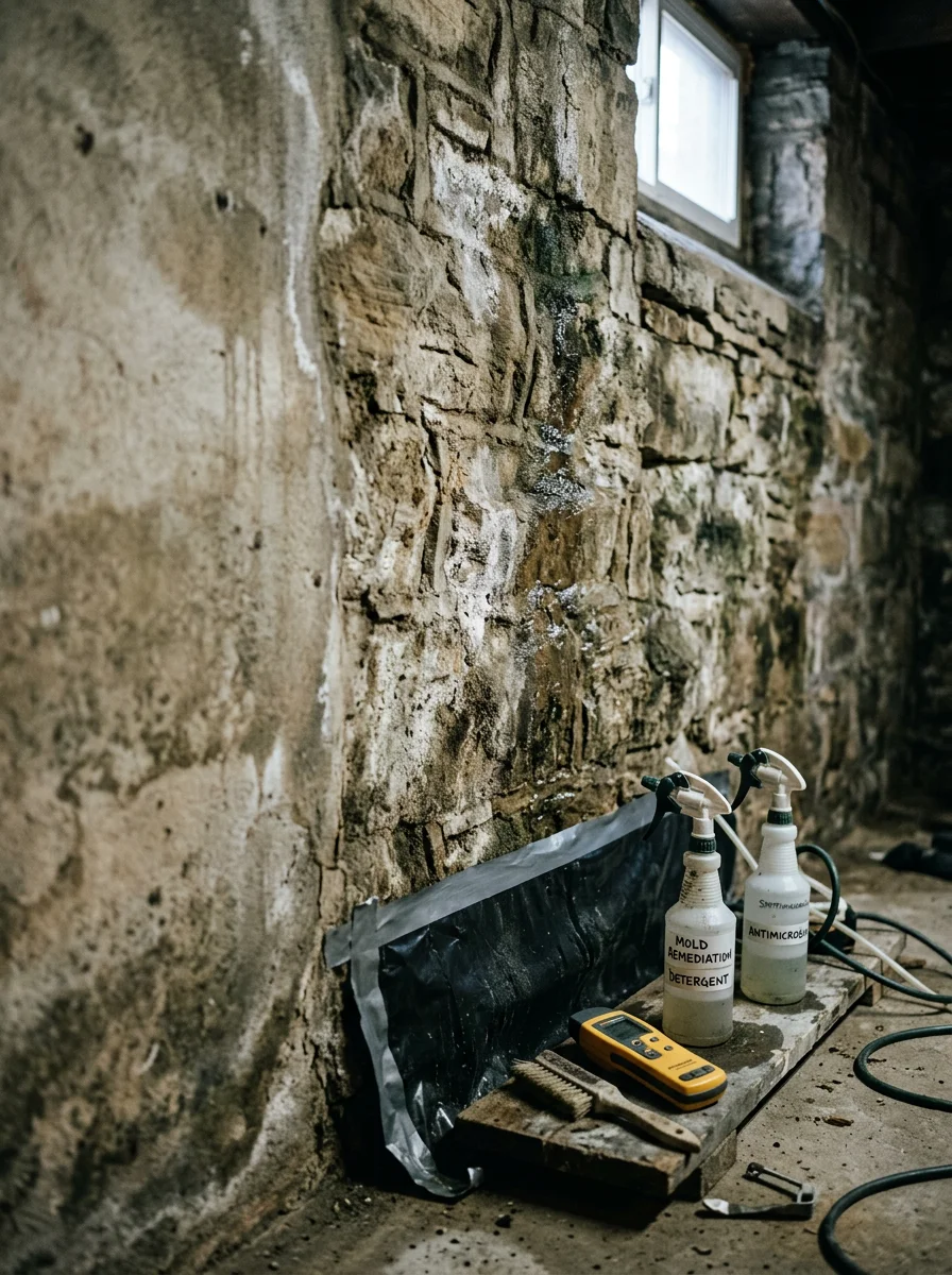 Close-up of mold abatement work in a stone-foundation Pittsburgh basement with visible moisture staining on the walls.