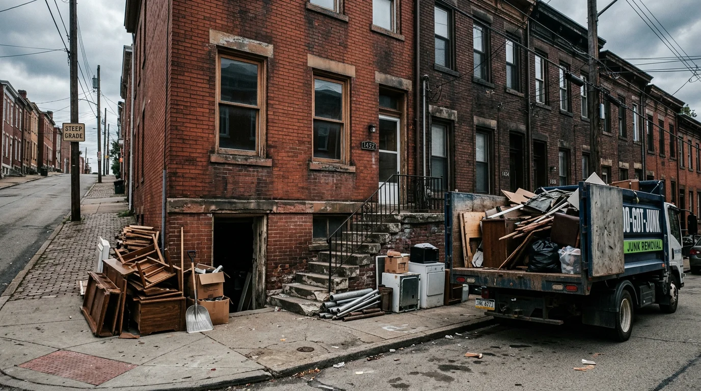 Junk removal crew loading debris from the basement of a pre-1940 brick row home on a steep Pittsburgh residential street.