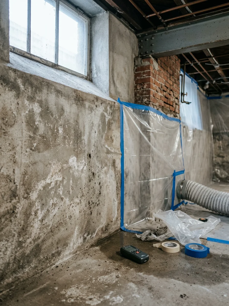Mold abatement work in a South Side Pittsburgh basement showing moisture damage along a low foundation wall near the floor level.