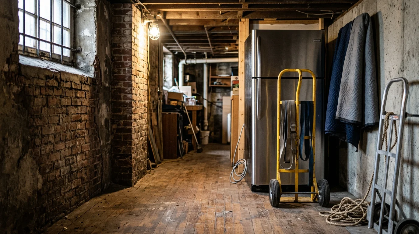 A large old refrigerator being carried out of a narrow Pittsburgh row house doorway by a Junk Buggy crew member. The appliance is loaded onto a hauling truck parked on a residential Pittsburgh street.