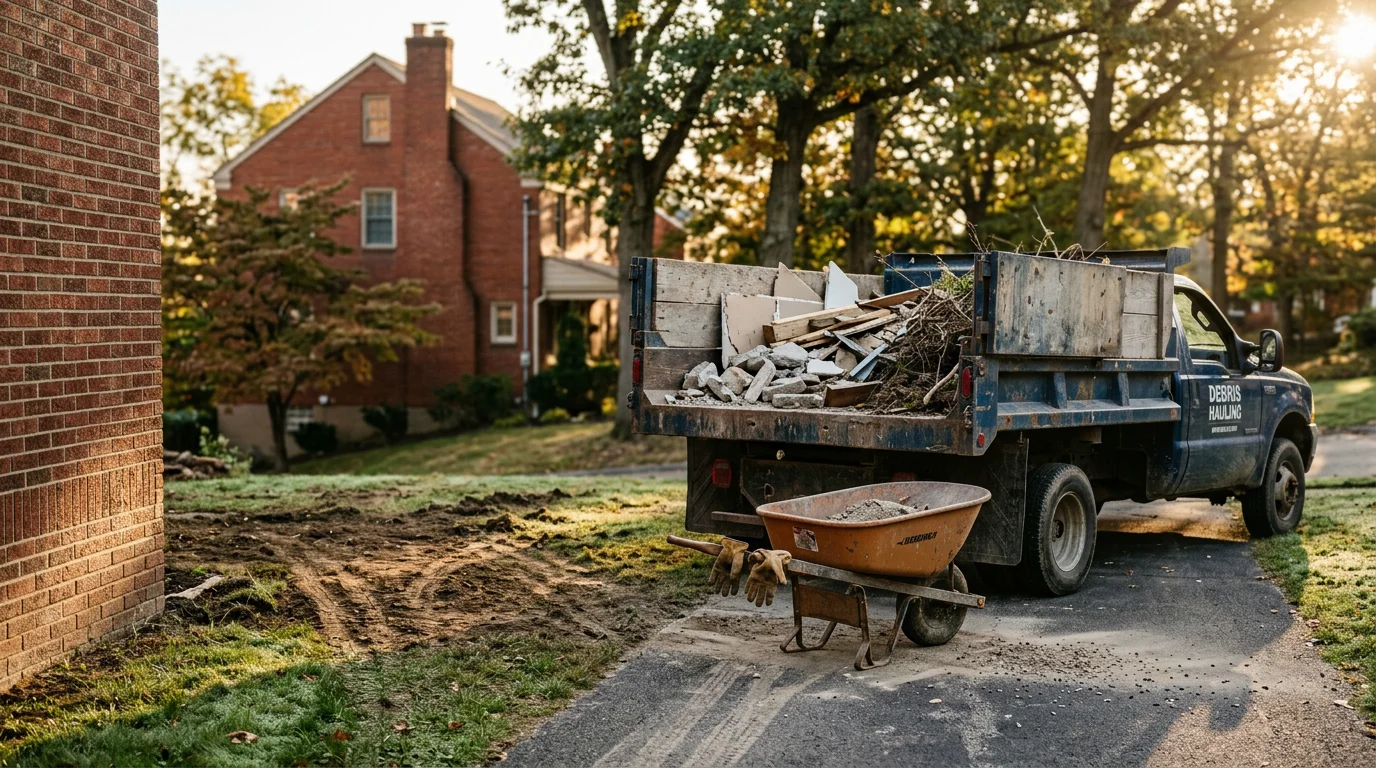 A cleared Pittsburgh residential yard after debris removal, with a Junk Buggy truck loaded with storm branches, lumber scraps, and mixed yard waste ready for hauling.