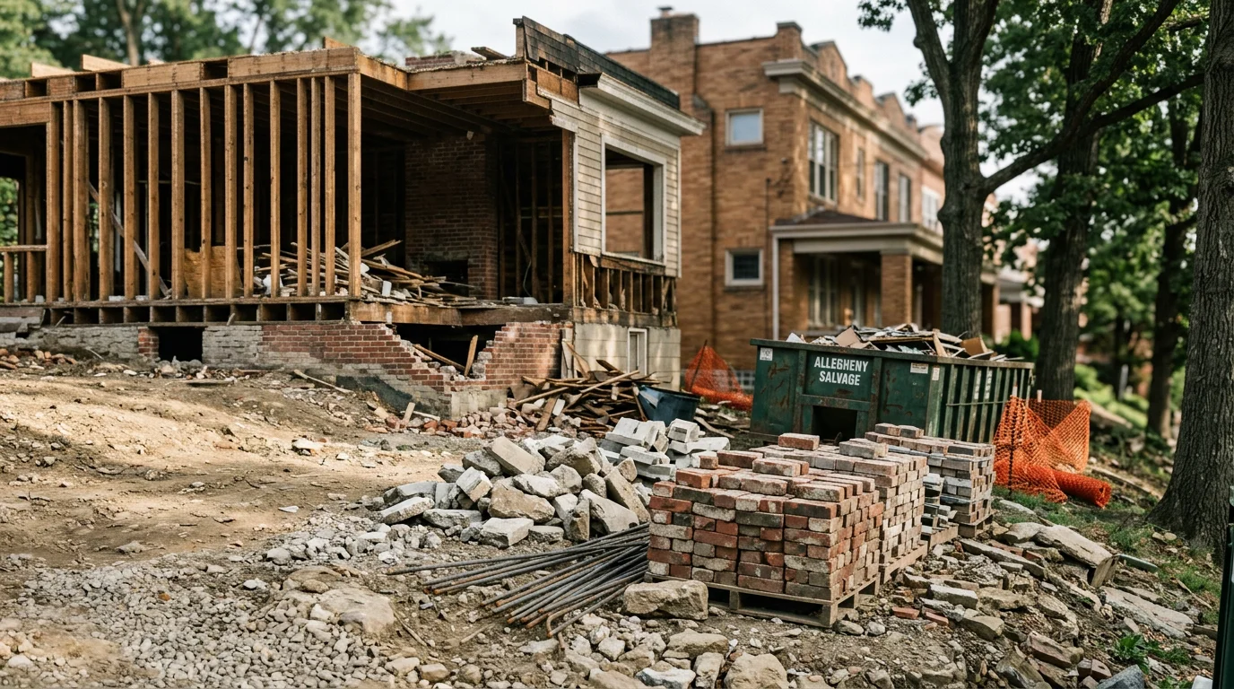 A cleared Pittsburgh residential lot after full structure demolition, with debris removed and the surrounding properties undisturbed. The open lot sits on a typical Pittsburgh hillside block with neighboring homes visible on either side.