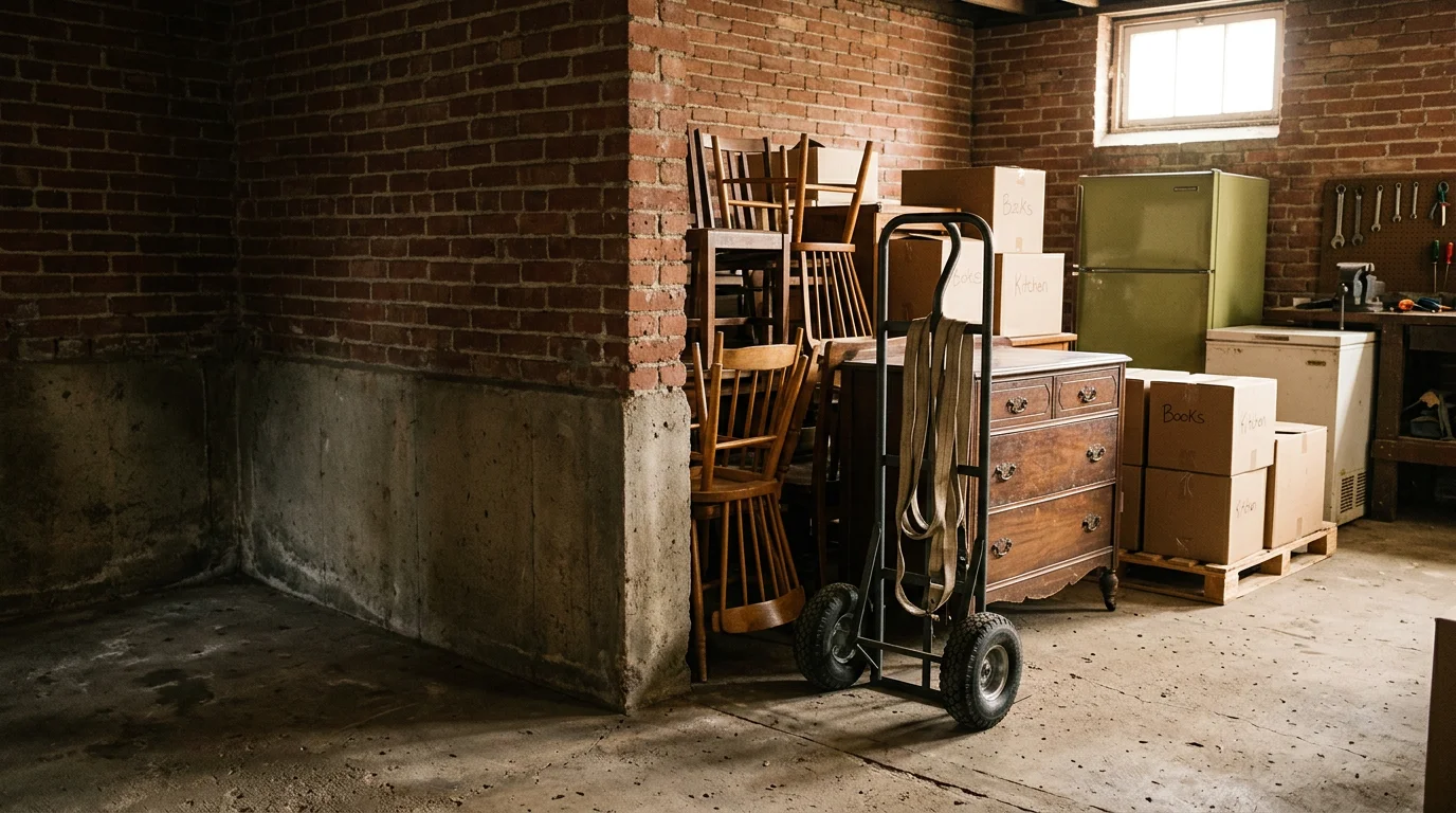 A cleared Pittsburgh home interior after estate cleanup, with empty rooms and bare floors visible across multiple levels. Junk Buggy team members load the last of the removed furniture and boxes into a truck parked outside the property.