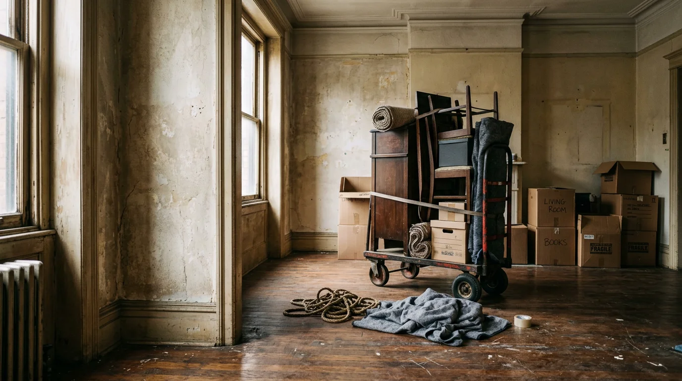 A Pittsburgh row house interior with all furniture and household items fully removed, leaving empty rooms with bare floors and walls. Junk Buggy team members load the last of the cleared contents into a hauling vehicle parked outside.