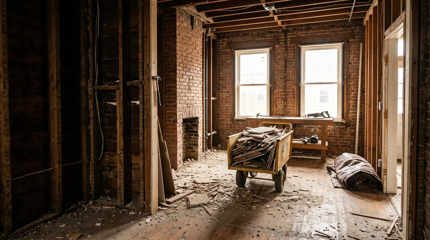 Interior of a Pittsburgh home stripped to the wall studs and subfloor after a gut-out demolition. Empty rooms with bare framing ready for renovation work to begin.