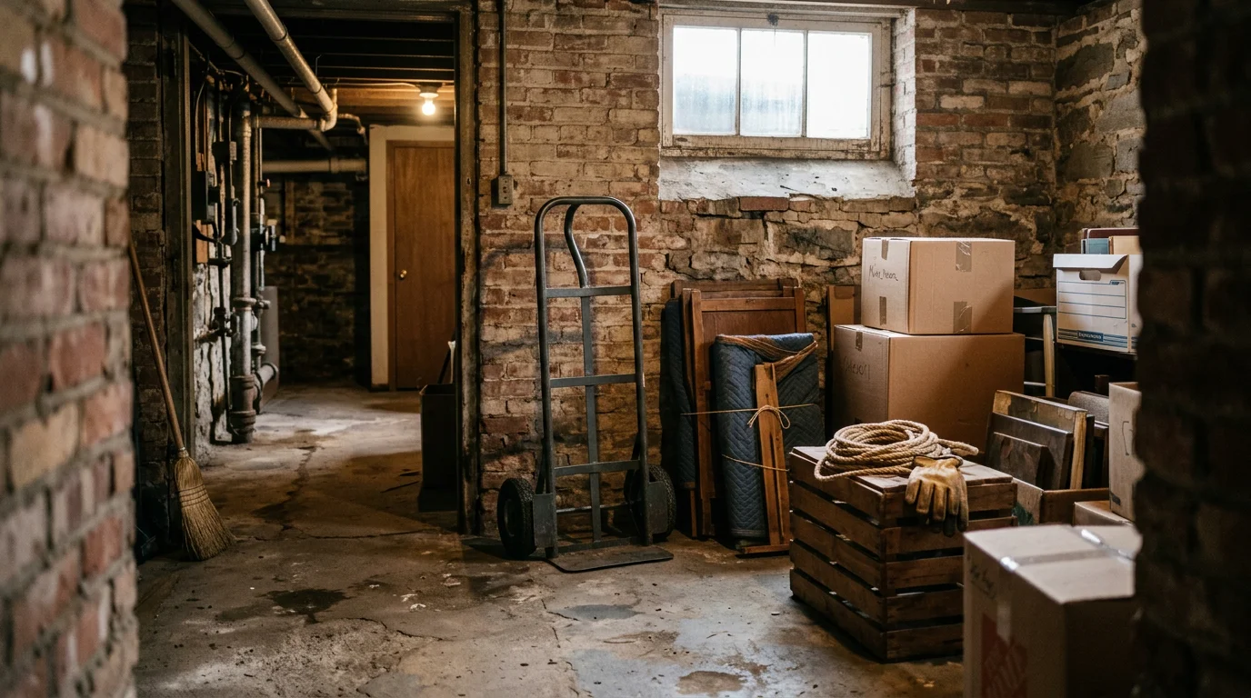 A Junk Buggy crew loading bulky household junk from a Pittsburgh home into a haul truck. The cleared interior space shows an empty basement room after a full junk removal job.