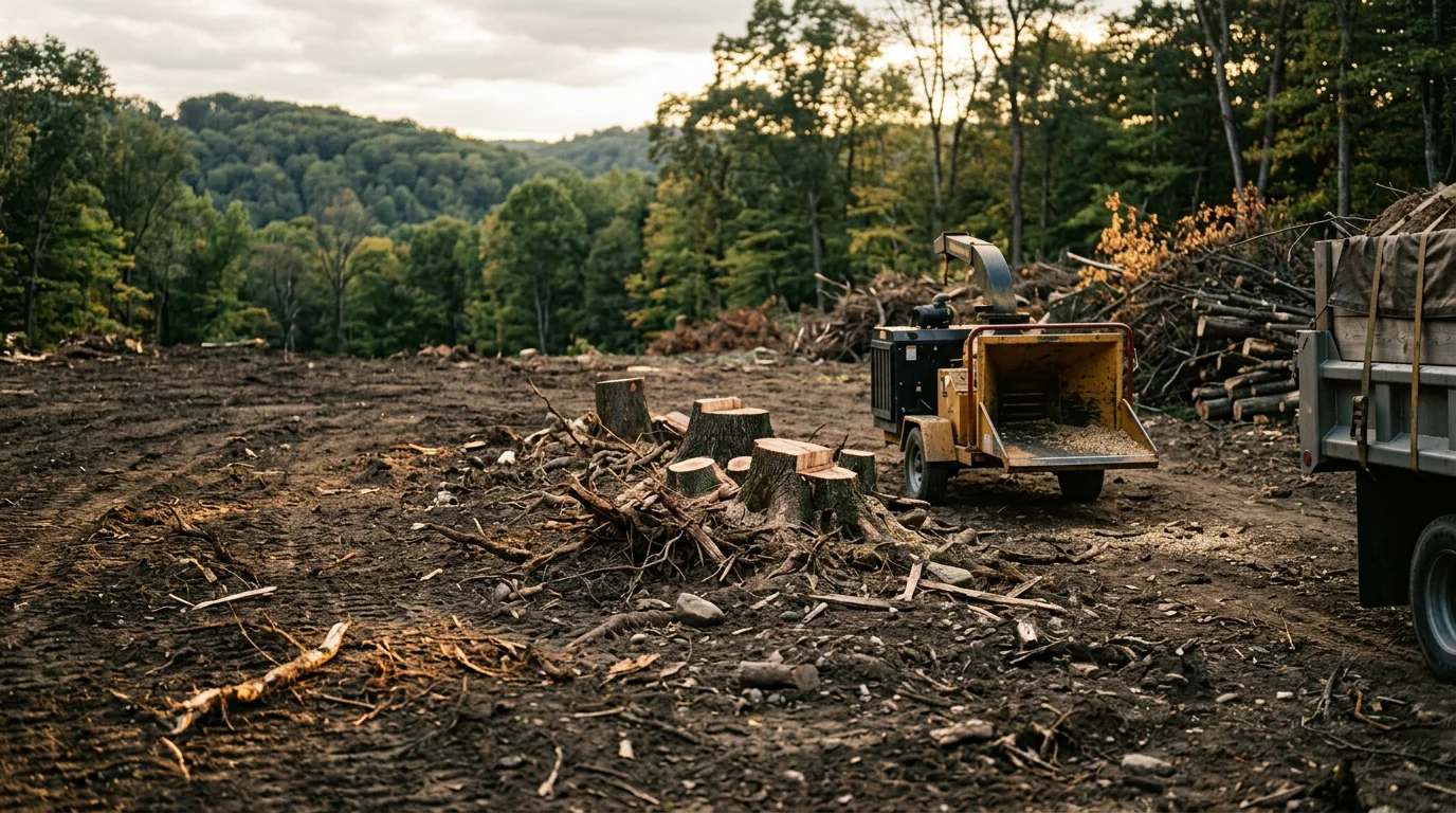 A Pittsburgh residential lot after professional lot clearing, showing open flat ground where dense brush, trees, and stumps have been fully removed. The cleared site is clean and free of debris, ready for construction or landscaping.