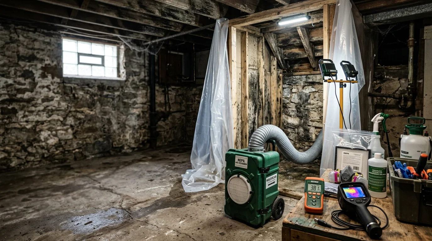 A Pittsburgh basement with mold-damaged drywall and debris cleared out after professional mold abatement. The exposed concrete foundation and open crawl space show a clean, emptied space ready for remediation work.