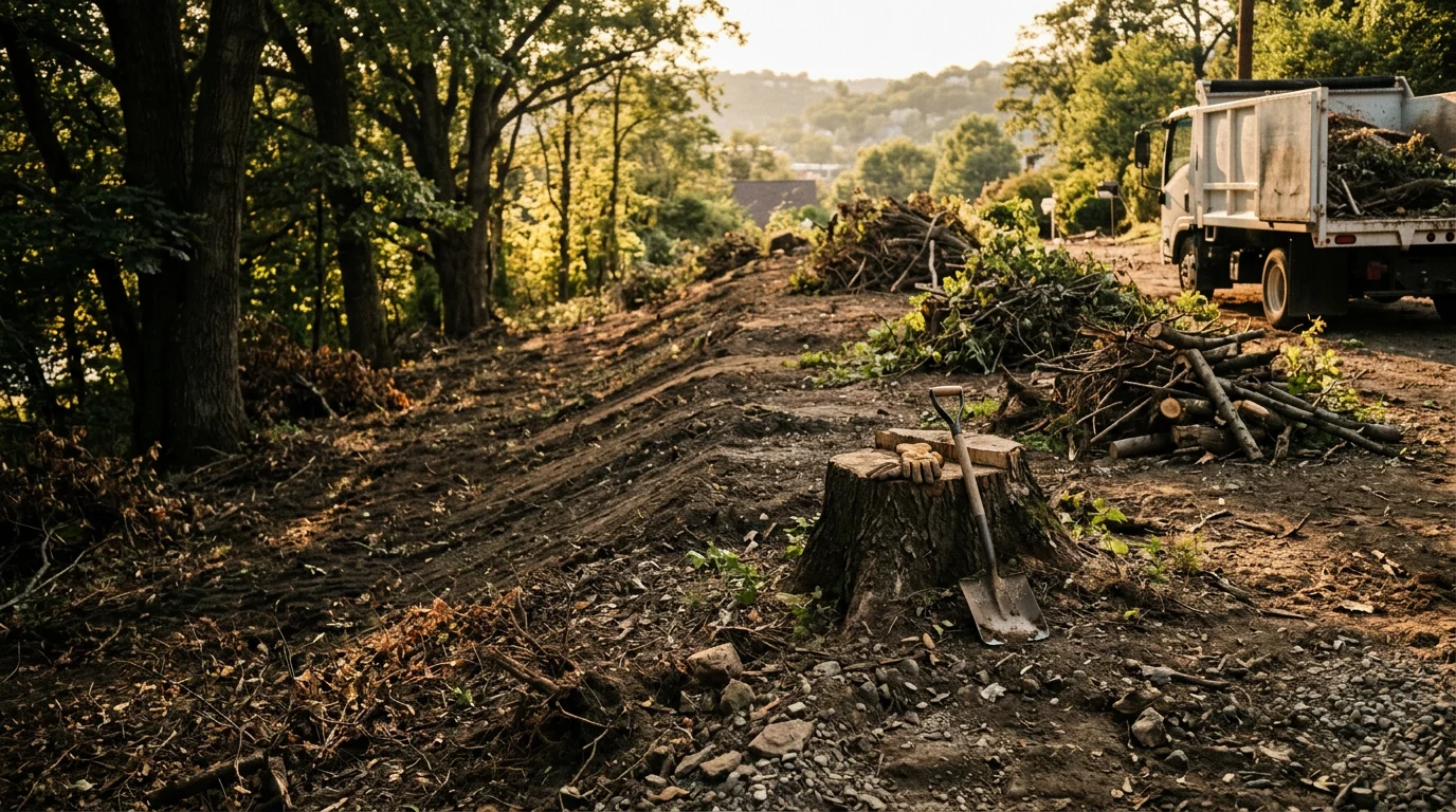 A Pittsburgh residential property after professional clearing, showing open ground free of overgrown brush and scattered debris. The cleared land reveals usable space on a sloped Pittsburgh lot with no remaining vegetation overgrowth.