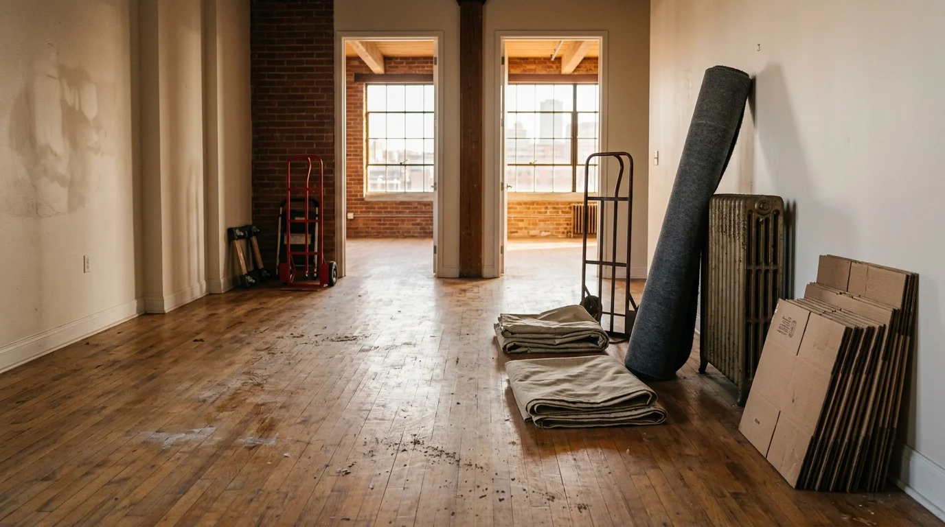 An empty Pittsburgh rental unit after a property turnover cleanout, with bare floors and cleared rooms ready for cleaning and repairs. A Junk Buggy truck is visible outside a typical older Pittsburgh multi-unit building.