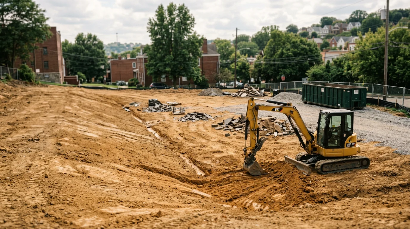 A graded and leveled Pittsburgh residential lot with cleared ground and shaped soil ready for foundation work. The site shows exposed earth on a sloped property with no debris, prepared for the next phase of construction.