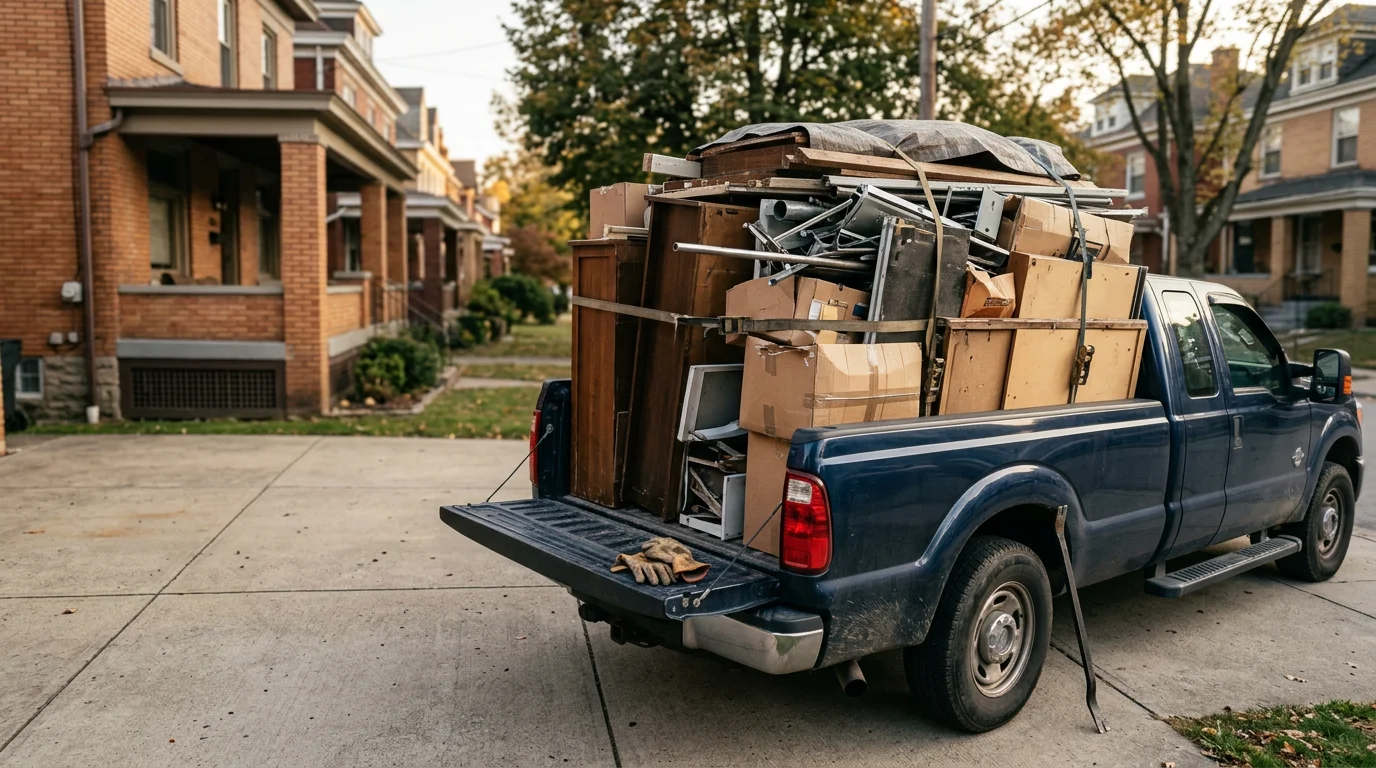 A loaded Junk Buggy hauling truck parked in front of a Pittsburgh residential property with bulk material cleared from the garage and driveway. The space is fully empty after a complete truck hauling pickup.